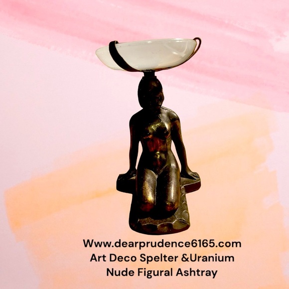 Art Deco Spelter collectable nude woman uranium bowl. Art